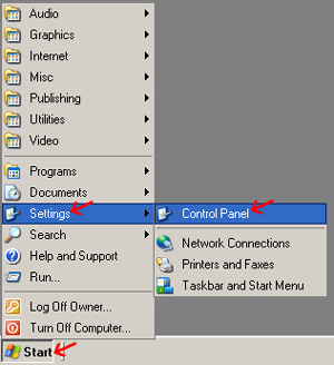 Left click the "Start" button - Move your cursor over "Settings - Left click "Control Panel"